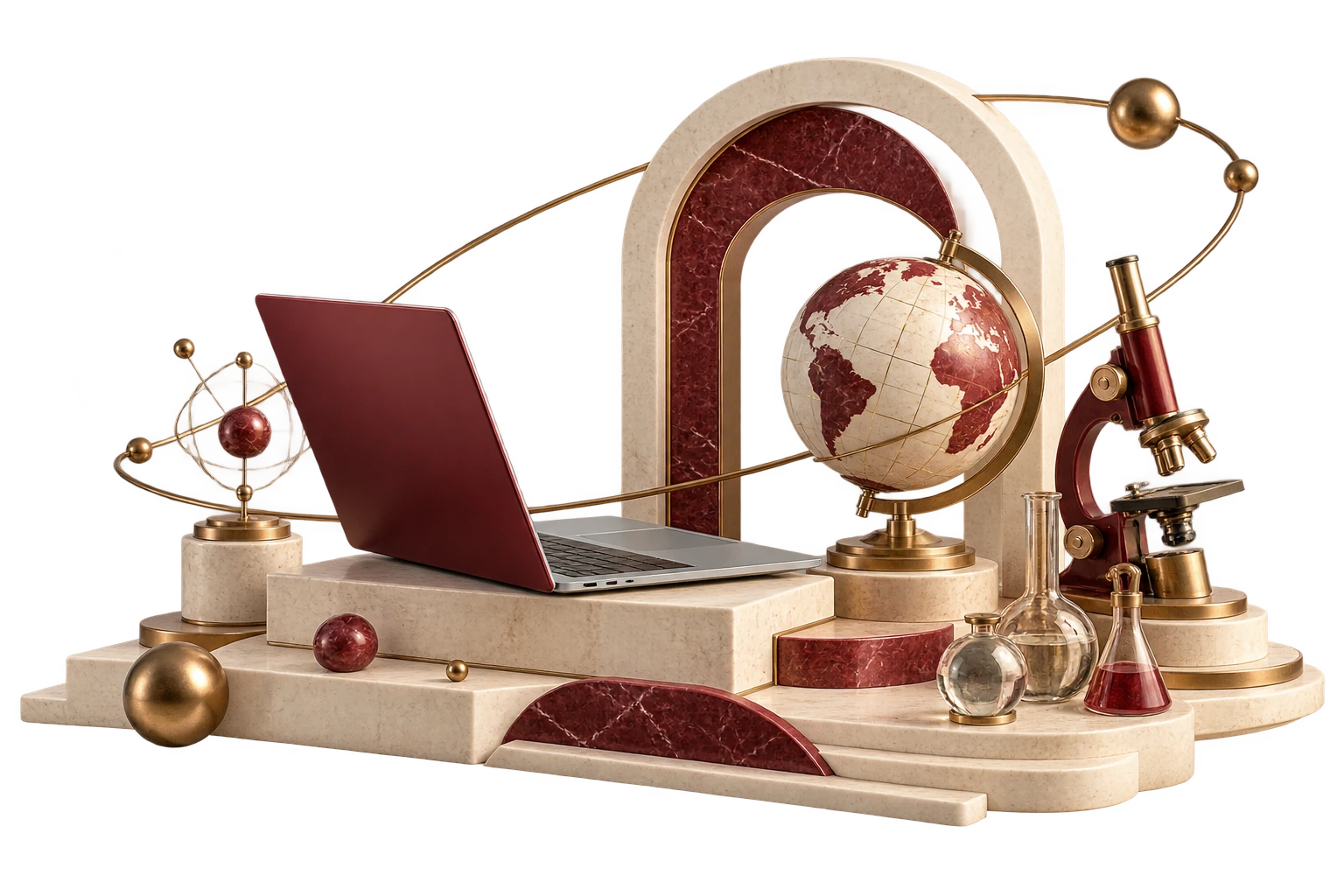 Illustrazione di tecnologia e scienza con computer, globo e strumenti di ricerca