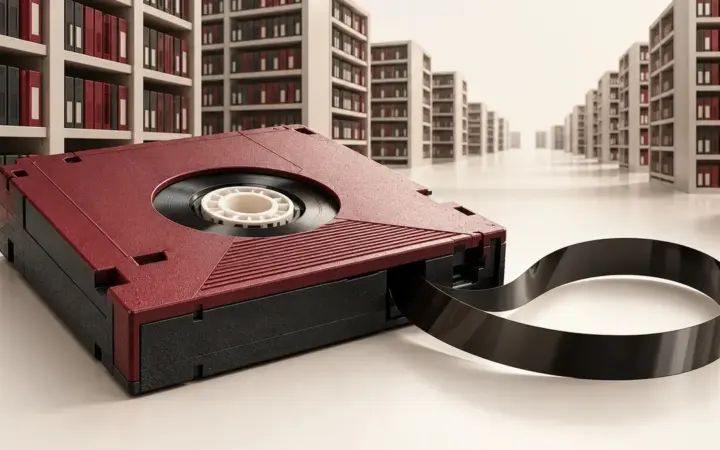 Cartuccia magnetica con un nastro srotolato davanti a scaffali di archiviazione