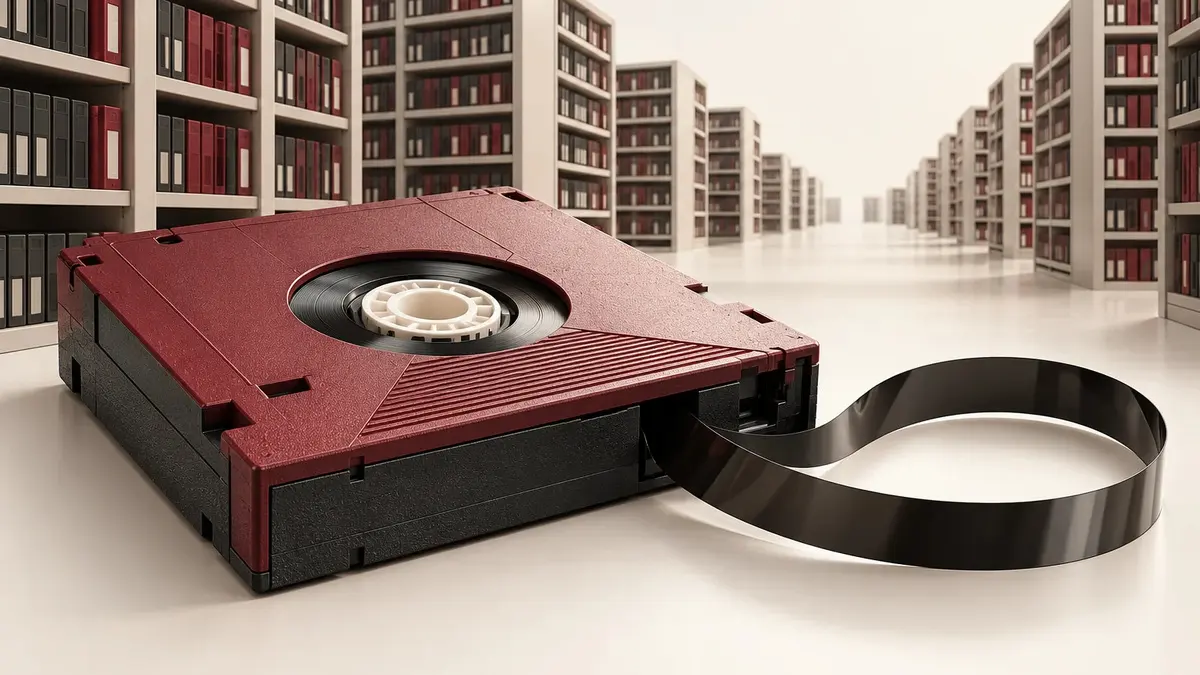 Cartuccia magnetica con un nastro srotolato davanti a scaffali di archiviazione