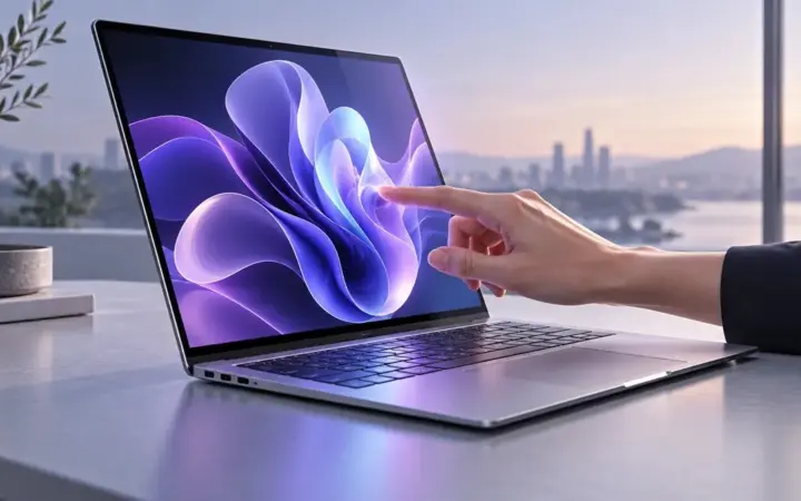 Illustrazione di un portatile con schermo sensibile al tocco e una mano che interagisce con una forma tridimensionale.