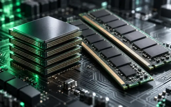 Illustrazione di chip di memoria impilati e moduli per server su una scheda elettronica scura.