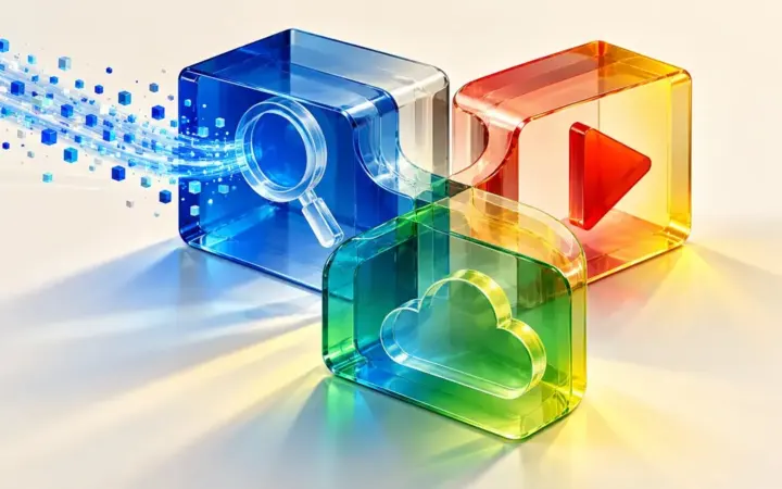 Illustrazione di volumi trasparenti che rappresentano ricerca online, video e servizi cloud.
