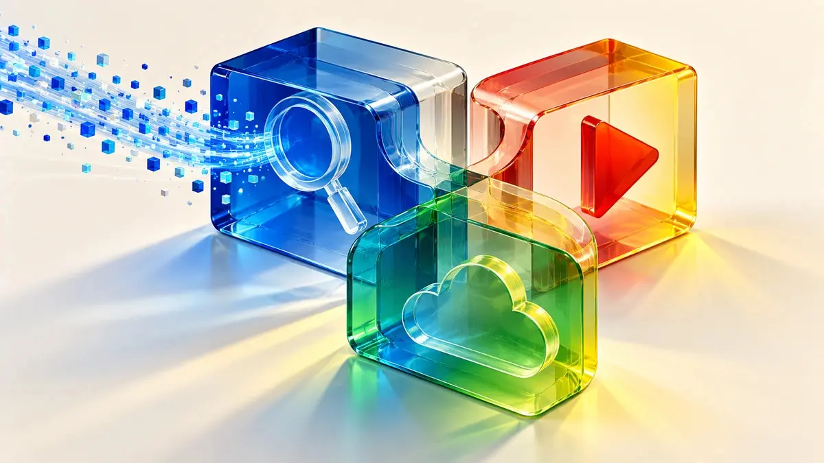 Illustrazione di volumi trasparenti che rappresentano ricerca online, video e servizi cloud.