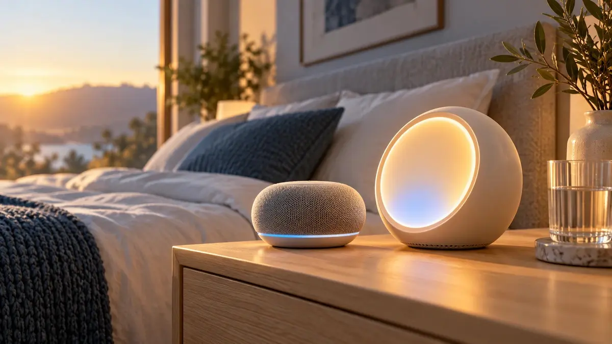 Illustrazione di una sveglia intelligente sferica e di uno speaker su un comodino illuminato dalla luce del mattino.