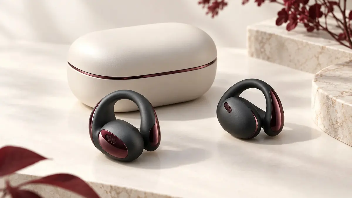 Auricolari a clip color grafite su una base avorio con dettagli bordeaux