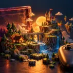 Illustrazione di una cartuccia trasparente, un controller e un paesaggio fantasy composto da piccoli blocchi.