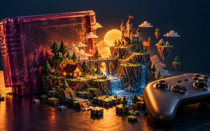Illustrazione di una cartuccia trasparente, un controller e un paesaggio fantasy composto da piccoli blocchi.
