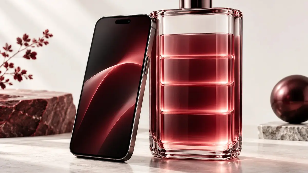 Smartphone concettuale accanto a una grande batteria stilizzata color rubino