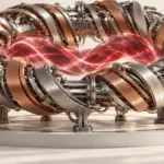 Modello concettuale di uno stellarator con bobine intrecciate e plasma rosso