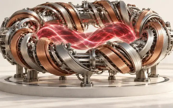 Modello concettuale di uno stellarator con bobine intrecciate e plasma rosso
