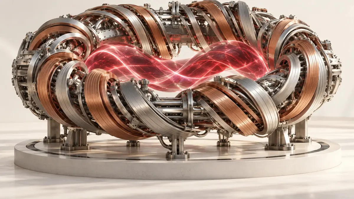 Modello concettuale di uno stellarator con bobine intrecciate e plasma rosso