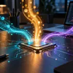 Illustrazione di tre flussi luminosi che convergono su un processore accanto a un computer portatile.