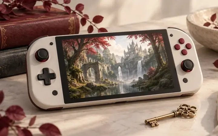 Console portatile generica con un paesaggio fantastico e una chiave dorata