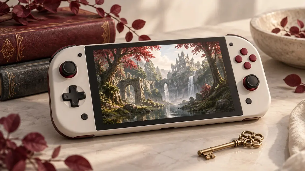 Console portatile generica con un paesaggio fantastico e una chiave dorata
