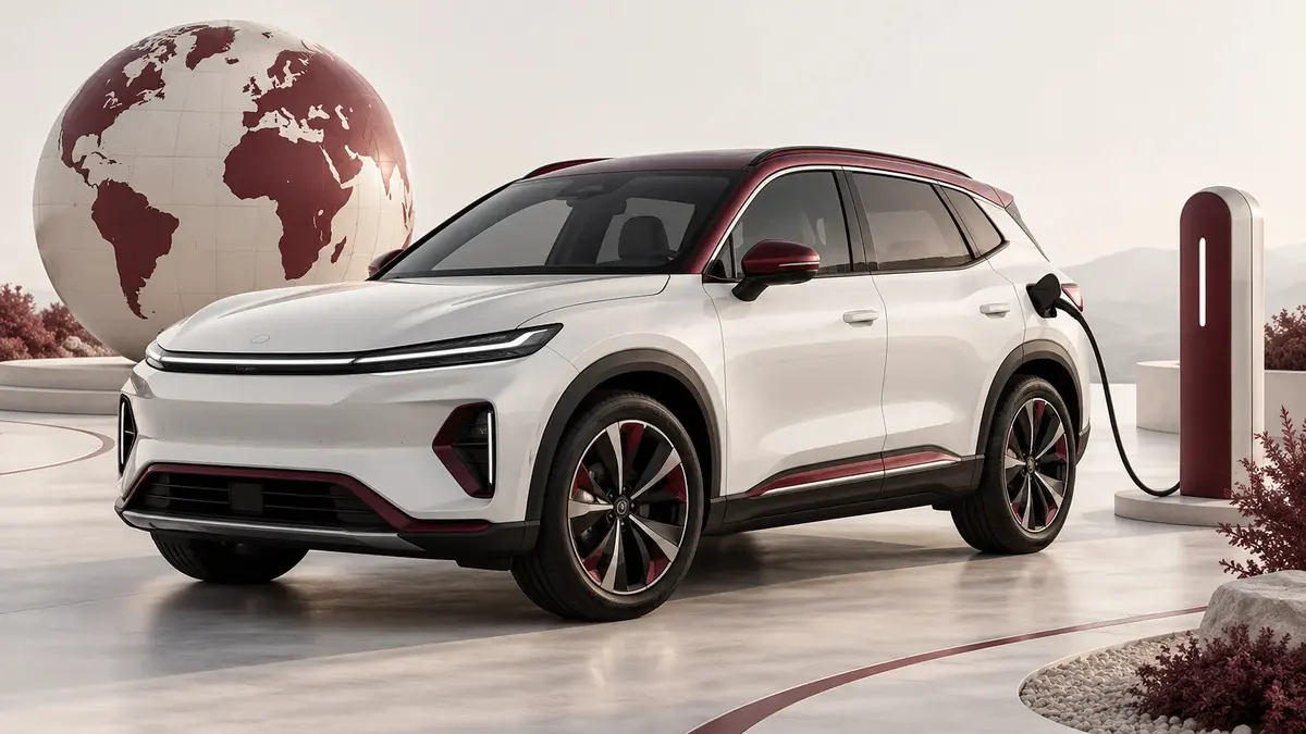 SUV elettrico concettuale su una piattaforma avorio con piccoli elementi energetici bordeaux