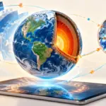 Illustrazione educativa di un globo terrestre a strati sopra un tablet e di una struttura microscopica.