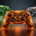 Illustrazione di tre controller concettuali con scocche trasparenti arancione, verde e grigio fumo.