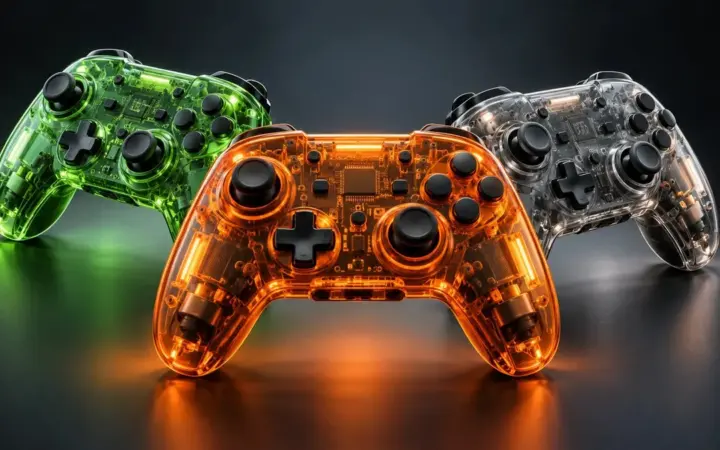 Illustrazione di tre controller concettuali con scocche trasparenti arancione, verde e grigio fumo.