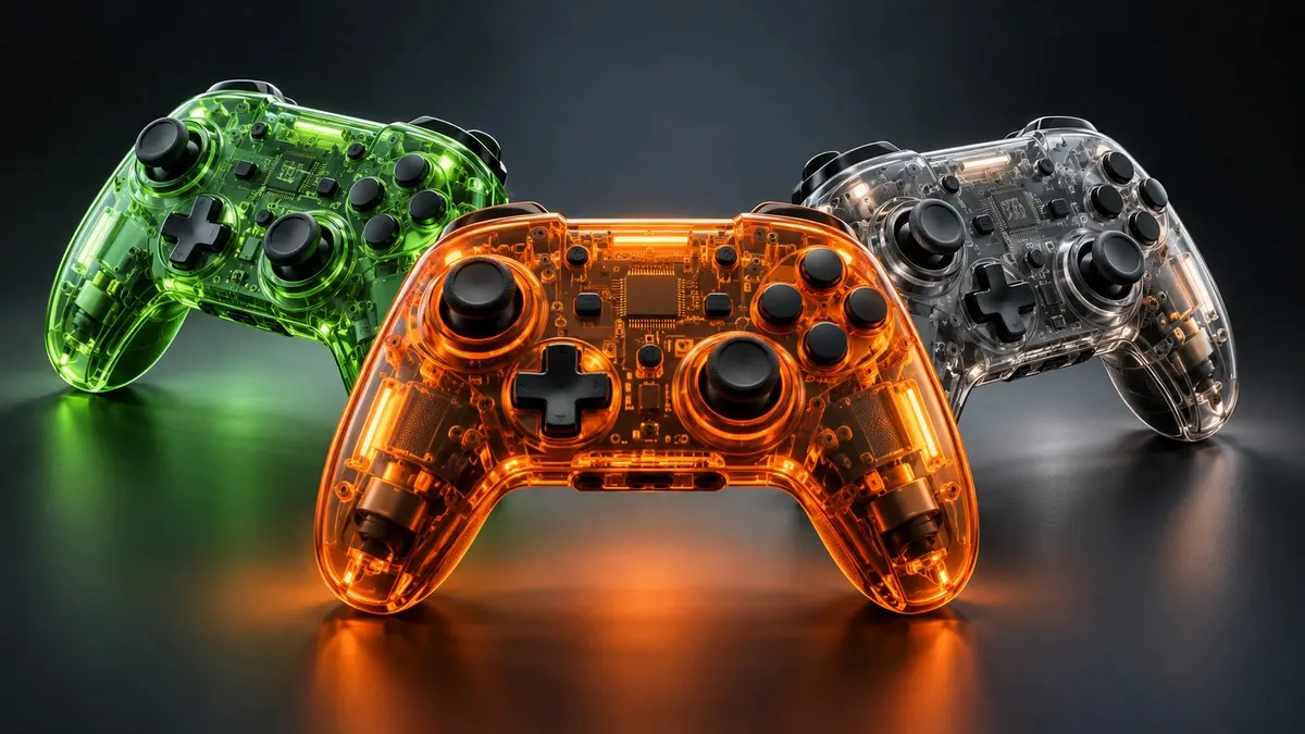 Illustrazione di tre controller concettuali con scocche trasparenti arancione, verde e grigio fumo.