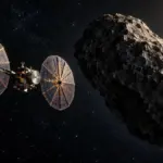 Illustrazione di una sonda con grandi pannelli solari circolari in avvicinamento a un asteroide nello spazio profondo.