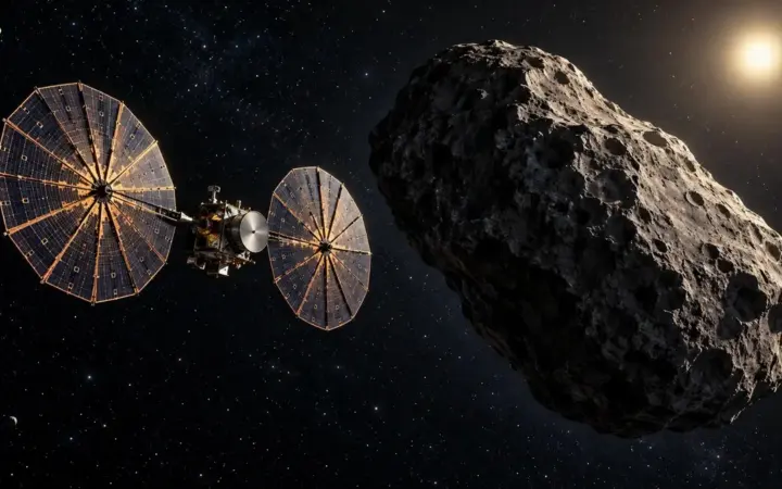 Illustrazione di una sonda con grandi pannelli solari circolari in avvicinamento a un asteroide nello spazio profondo.