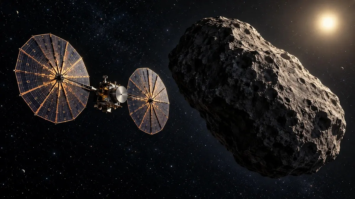 Illustrazione di una sonda con grandi pannelli solari circolari in avvicinamento a un asteroide nello spazio profondo.