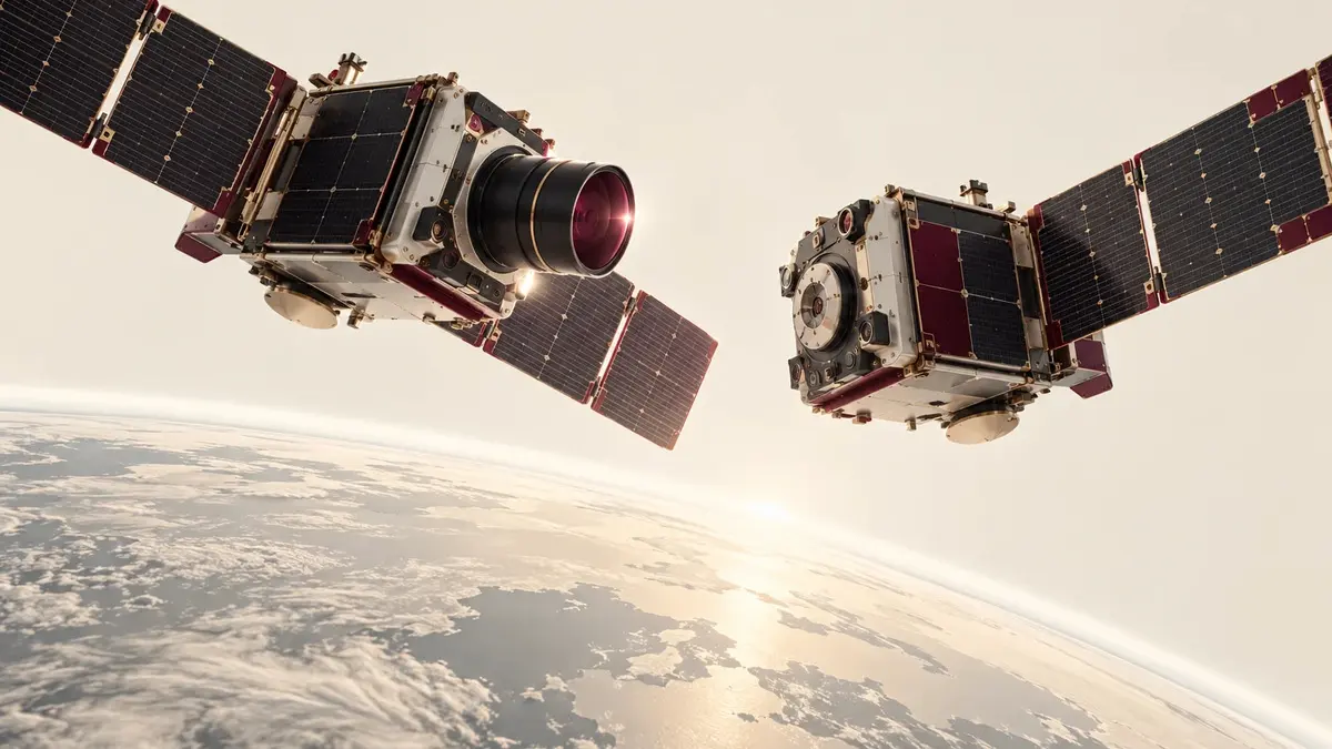 Due satelliti concettuali si osservano sopra l’orizzonte terrestre