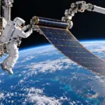 Illustrazione di un astronauta assicurato alla struttura orbitale mentre lavora a un pannello solare flessibile con un braccio robotico.