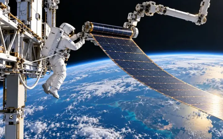 Illustrazione di un astronauta assicurato alla struttura orbitale mentre lavora a un pannello solare flessibile con un braccio robotico.