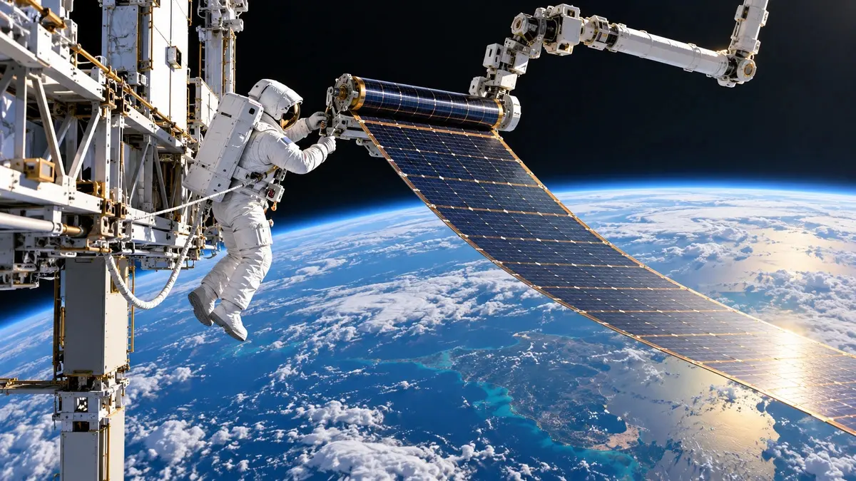Illustrazione di un astronauta assicurato alla struttura orbitale mentre lavora a un pannello solare flessibile con un braccio robotico.