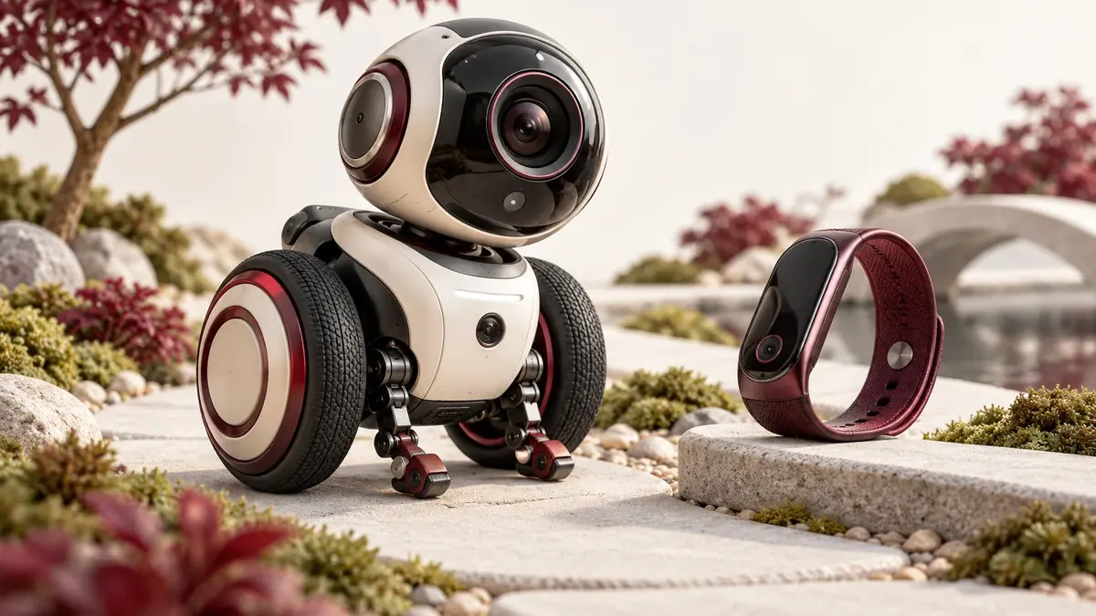 Piccolo robot a due ruote con videocamera e bracciale di tracciamento su un percorso chiaro