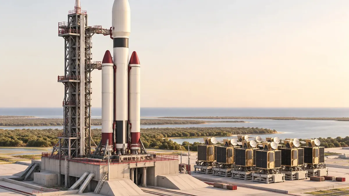 Razzo generico su una piattaforma accanto a una raccolta di piccoli satelliti