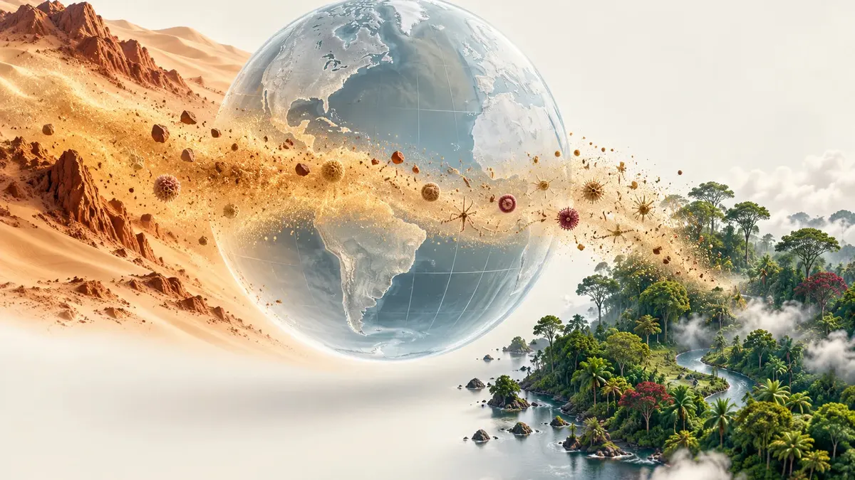 Polvere desertica attraversa un globo stilizzato verso una foresta tropicale