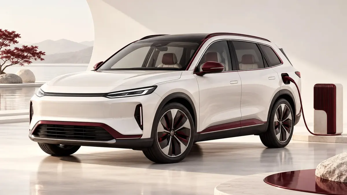 SUV elettrico generico in uno studio chiaro accanto a un connettore di ricarica