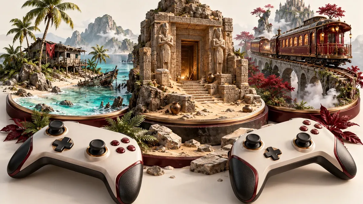 Controller e piccoli scenari concettuali dedicati ad azione, rovine e un treno fantastico