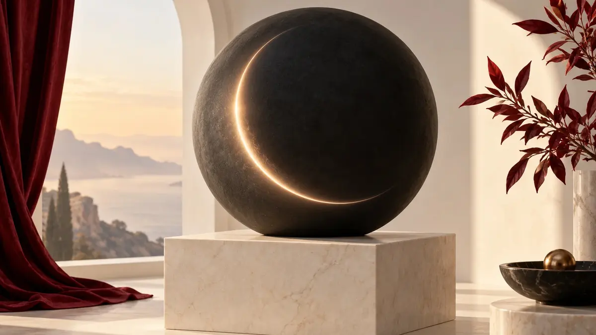 Scultura concettuale di Venere a falce con sottili archi atmosferici su una base avorio