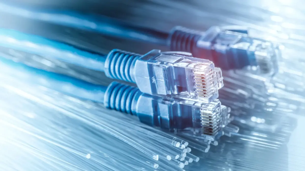 Connettori trasparenti di cavi Ethernet blu su sfondo luminoso.
