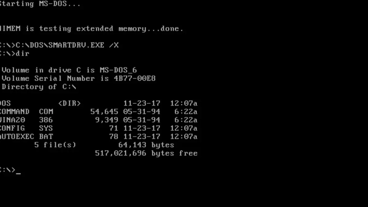 Schermata nera di MS-DOS 6.22 con elenco di file e prompt dei comandi.
