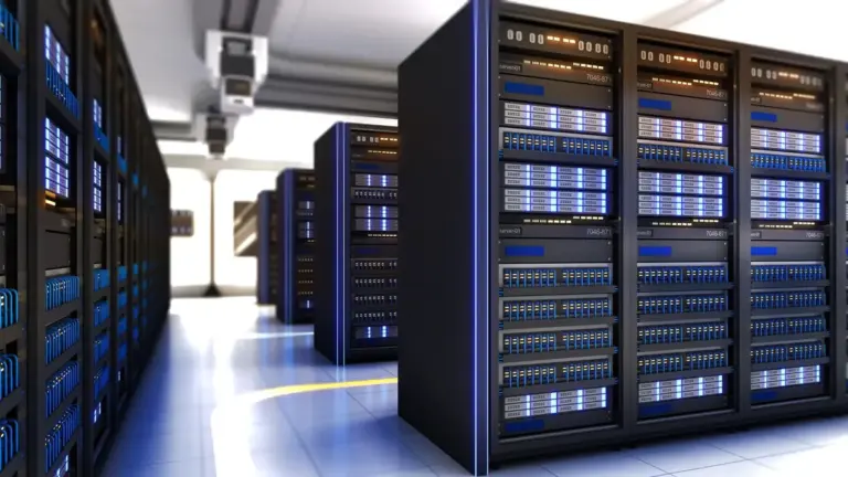 Rendering tridimensionale di un data center con file di server.