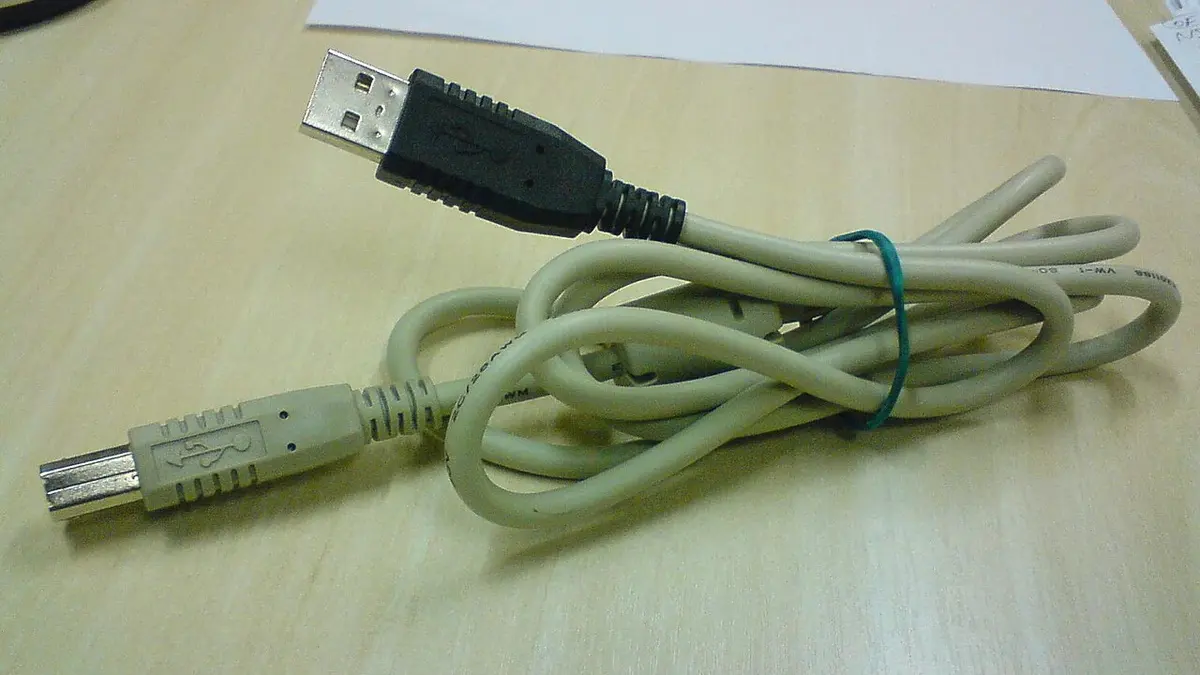 Cavo USB arrotolato su una scrivania con estremità Type-A e Type-B.