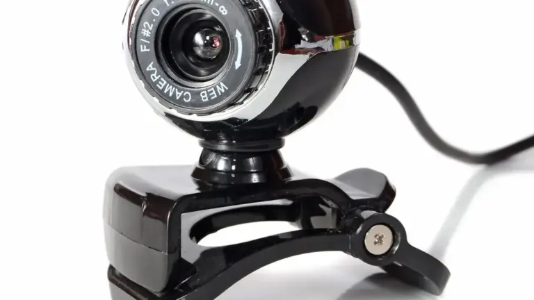 Webcam esterna con obiettivo frontale, cavo e supporto a morsetto per il posizionamento sulla postazione..