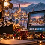 Illustrazione editoriale di un set cinematografico natalizio con cinepresa, ciak e montaggio video assistito da intelligenza artificiale