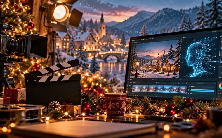Illustrazione editoriale di un set cinematografico natalizio con cinepresa, ciak e montaggio video assistito da intelligenza artificiale