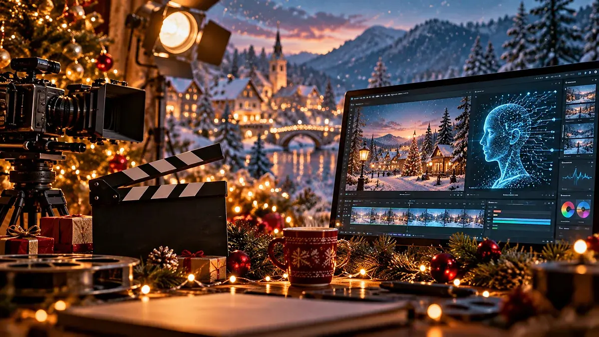 Illustrazione editoriale di un set cinematografico natalizio con cinepresa, ciak e montaggio video assistito da intelligenza artificiale