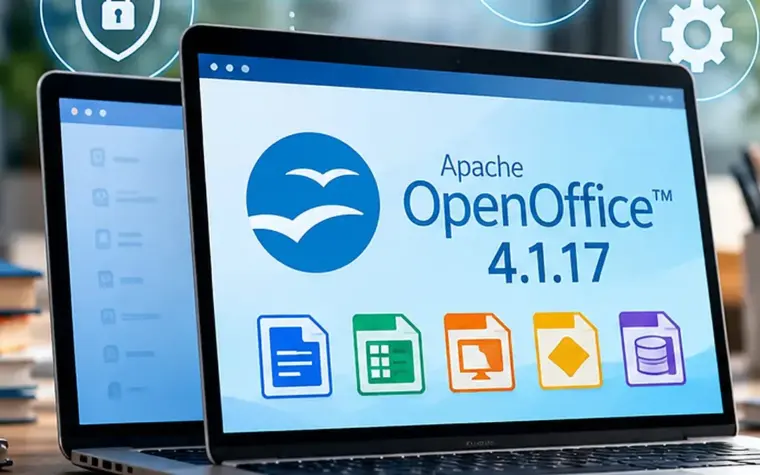 Illustrazione AI di un computer portatile con OpenOffice 4.1.17 e le icone della suite per documenti, fogli di calcolo e presentazioni