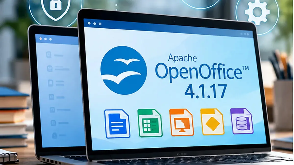 Illustrazione AI di un computer portatile con OpenOffice 4.1.17 e le icone della suite per documenti, fogli di calcolo e presentazioni